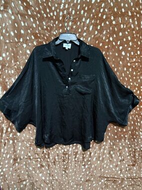 ANDREE BY UNIT Black Satin Dolman Polo Blouse